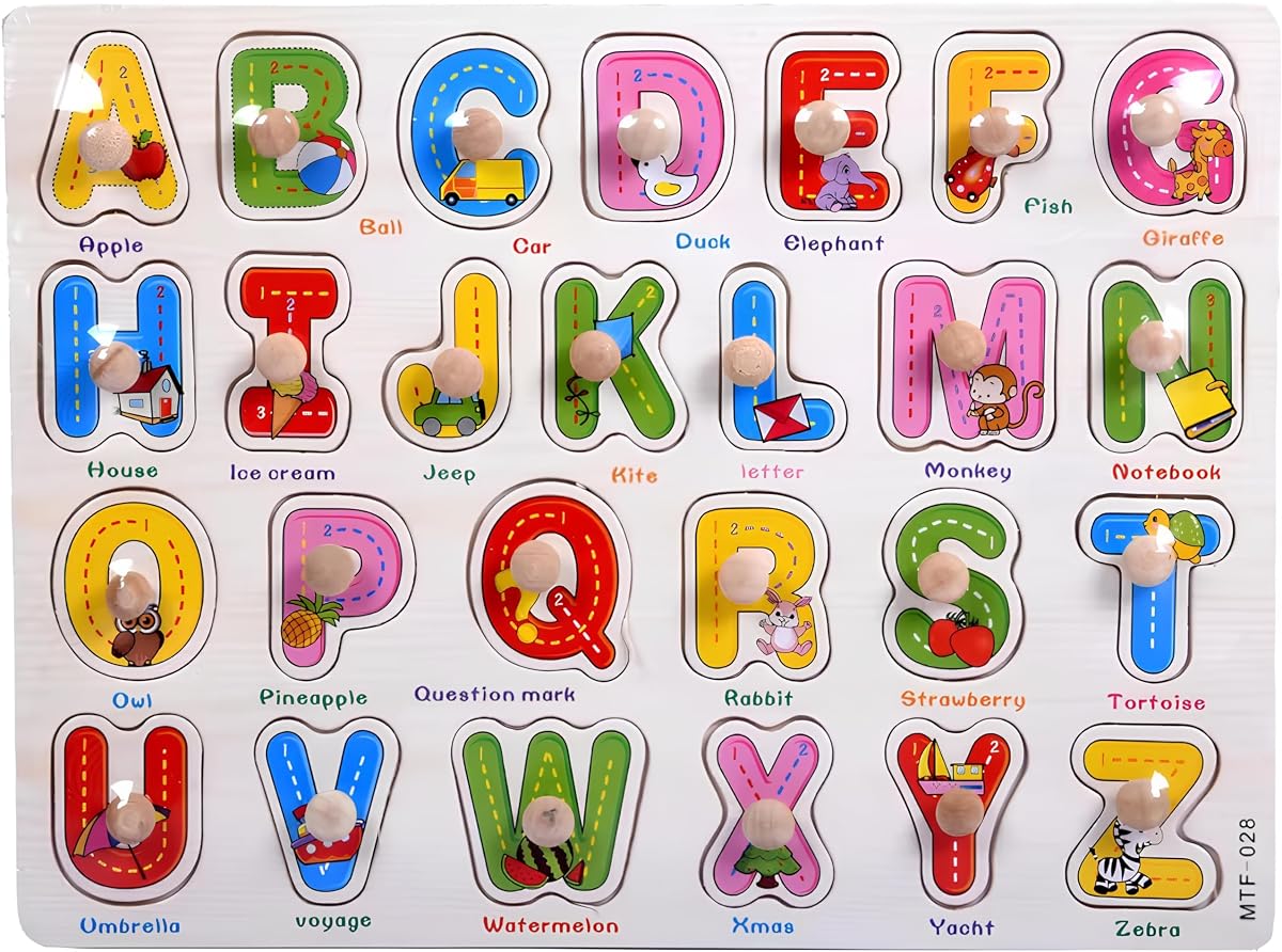 Alphabet Puzzle Wooden for Toddlers 3+ Years Old - Montessori ABC Learning Toy with Letter Blocks & Wooden Board - Preschool Educational Toy for Boys & Girls - Early Literacy & Fine Motor Skills