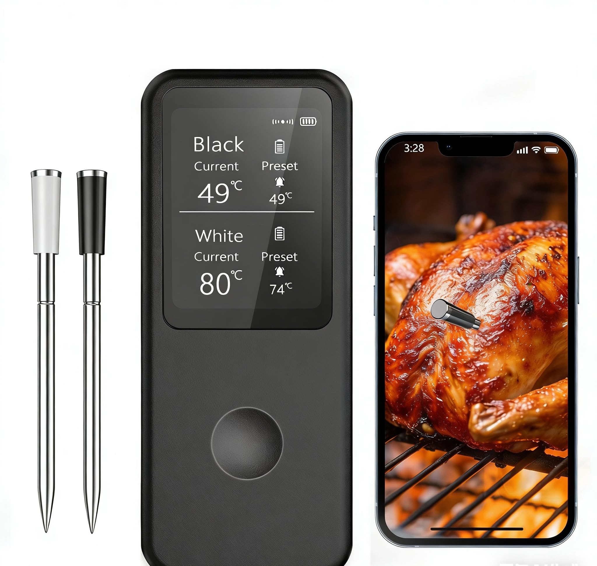 Berrcom 2.4 Inch Wireless Meat Thermometer with Dual Probes, Bluetooth Meat Thermometer with 500FT Range, 400°C Heat-Resistant Probe, Smart App with 12 Presets for Grilling BBQ Oven Smoker
