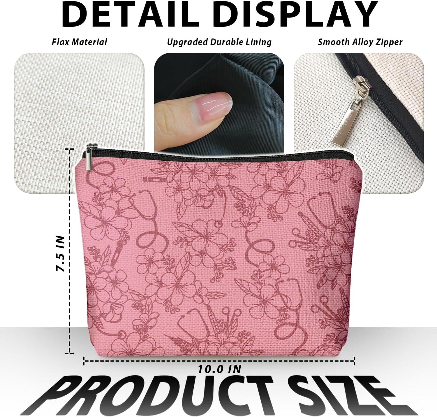 Pink Nurse Floral Makeup Bag, Nurse Gifts for Women Cosmetic Bag, Gifts for Nurses Female Women, Nursing Flower Small Toiletry Bags Zipper Makeup Pouch - Image 2