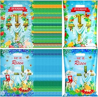 Trandraft 100 Pcs Plastic Easter Bags with Handles 12 x 15 Inch He Is Risen Bags for Goodies Plastic Religious Easter Gift Bags He Is Risen Treat Bags for Easter Basket Party Favor Supplies