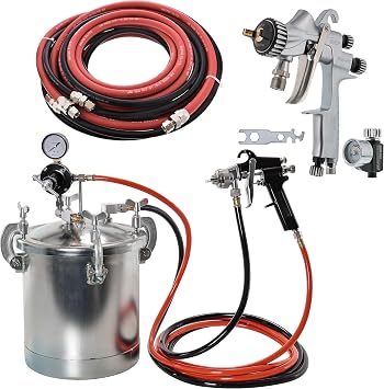 TCP Global Pressure 2.5 Gallon Pressure Pot Tank Paint Spray Gun with 1.5 Mm Nozzle and Master Elite 55 High-Performance HVLP Pressure Feed Spray Gun 1.2mm Tip and 25 Air and Fluid Hoses