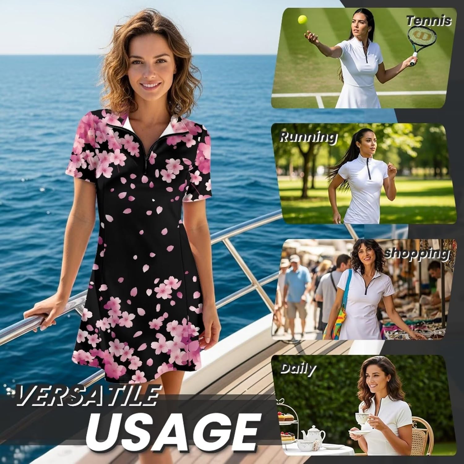 Tennis Dress for Women Athletic Golf Dresses with Shorts Short Sleeves 1/4 Zip Workout Dress