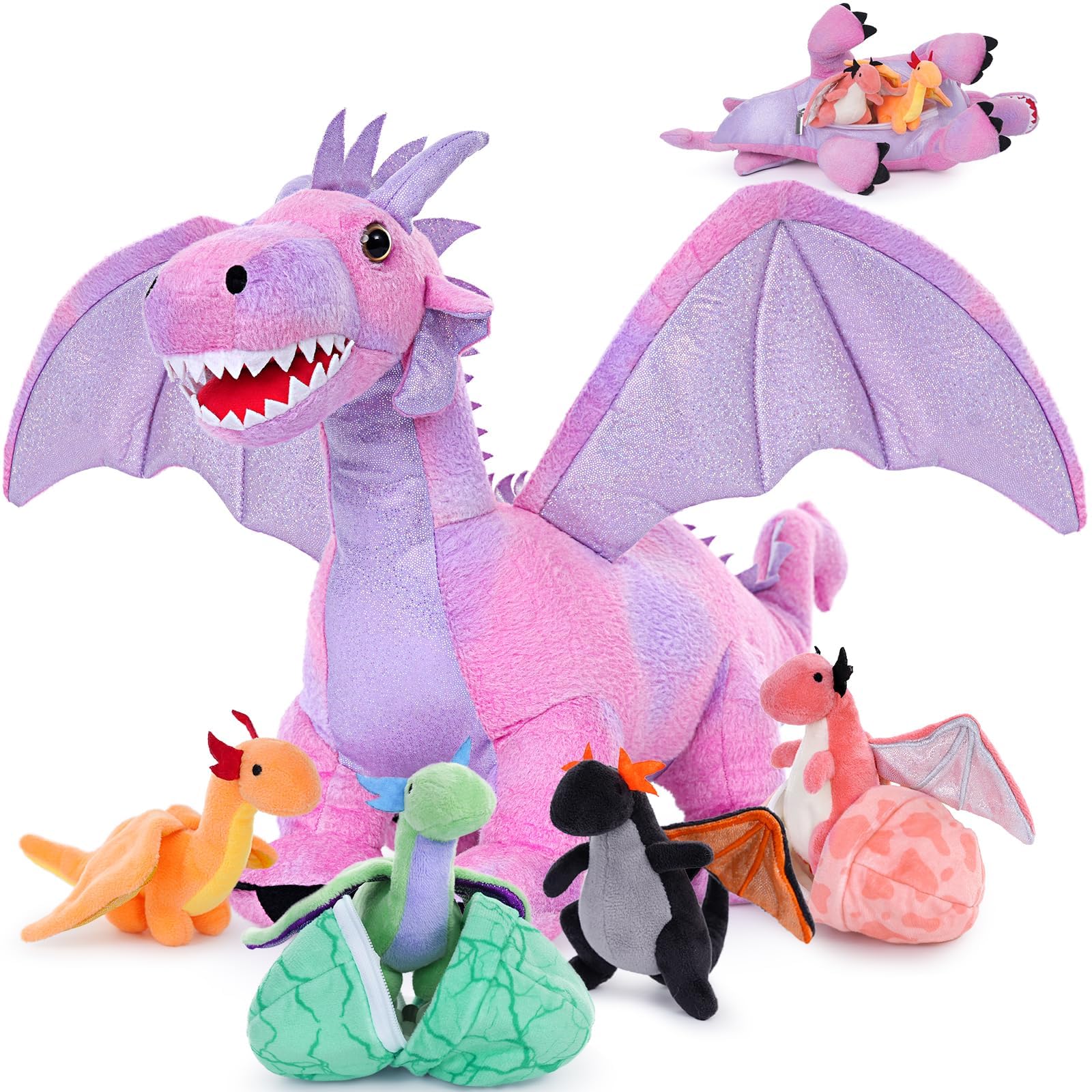 Muiteiur 7 Piece Dragon Stuffed Animals, 21.6 inch Soft Plush Pink Dragon with 4 Baby Toys and 2 Eggs, Gift for Kids Boys Girls