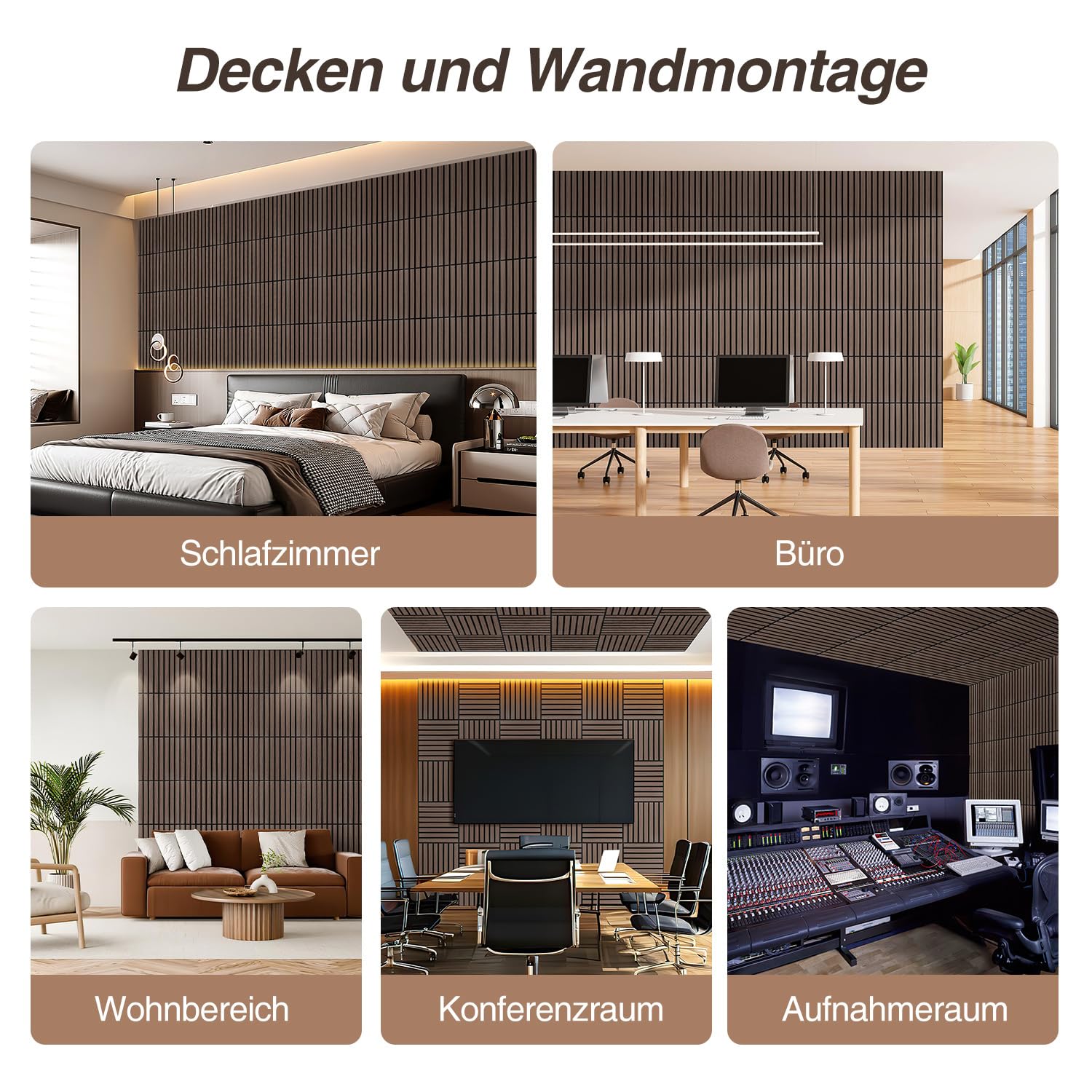 12er Set Akustikpaneele Holzoptik Wandpaneele Selbstklebende,Bohrfrei & Leicht Recyceltes Filz,Wandverkleidung als Schallschutz & Schalldämmung Akustikplatten 30x30 cm,Walnuss