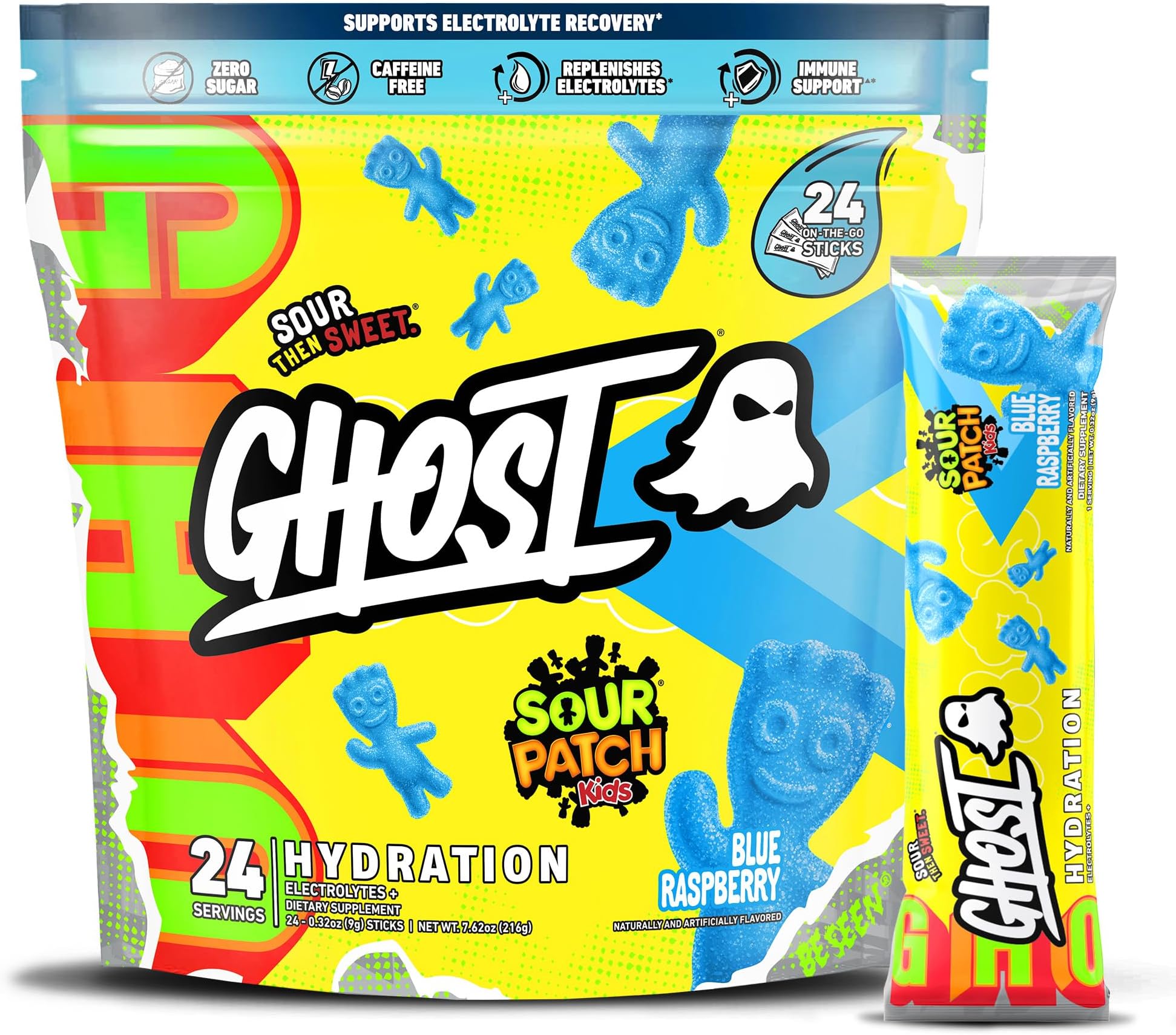 GHOST Hydration Packets,Sour Patch Kids Blue Raspberry,24 Sticks,Electrolyte Powder-Drink Mix Supplement with Magnesium,Potassium,Calcium,Vitamin C Vegan,Free of Soy,Pack 1,0.47619792 pounds