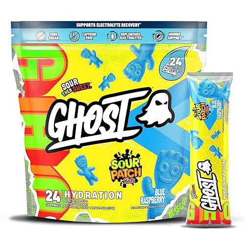 GHOST Hydration Packets, Sour Patch Kids Blue Raspberry, 24 Sticks, Electrolyte Powder - Drink Mix Supplement with Magnesium, Potassium, Calcium, Vitamin C - Vegan, Free of Soy, Sugar & Gluten - Sour Patch Kids Blue Raspberry (24 Sticks)