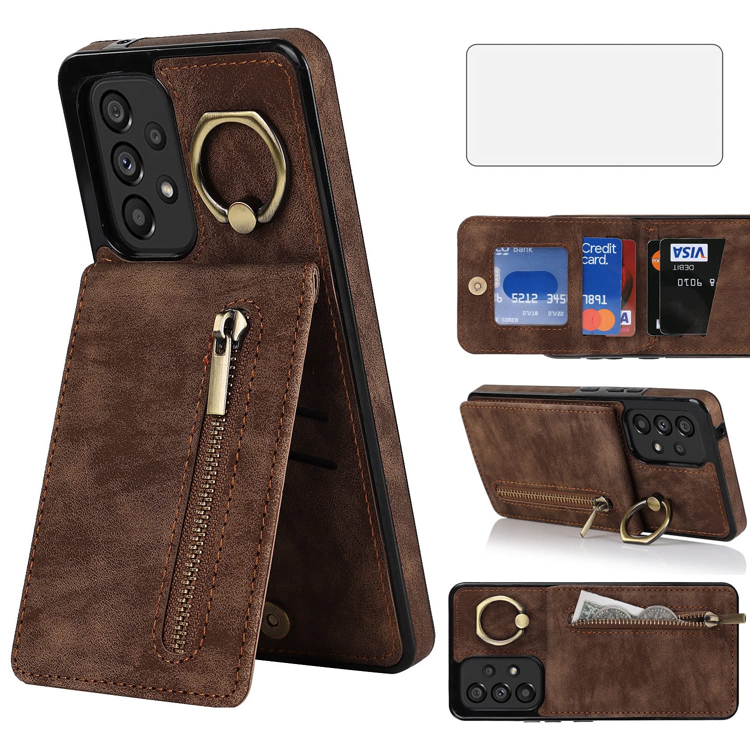 Asuwish Phone Case for Samsung Galaxy A53 5G Wallet Cover with Tempered Glass Screen Protector and RFID Card Holder Ring Stand Leather Cell Accessories A 53 G5 53A SM A536U 6.5" 2022 Women Men Brown