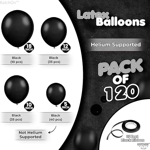 Miniatura 2 de KatchOn, Juego de globos de látex negros, diferentes tamaños de 18, 12, 10, 5 pulgadas, arco de globos negros, decoraciones de cumpleaños negras,