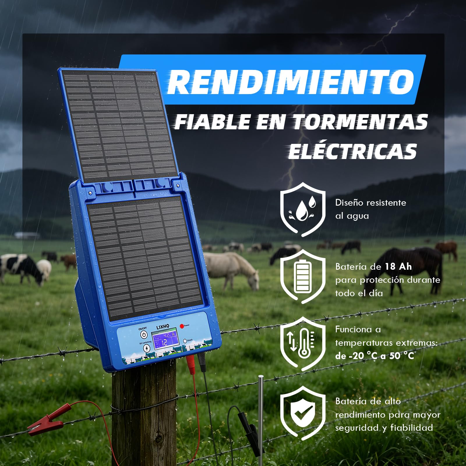 Cercado Eléctrico Solar 12V 32KM, 0.3-2J, 6KV-12KV Ajustable, Cerca Eléctrica con Batería de Litio 18Ah & Kit de Puesta a Tierra, Panel Solar 10W, Protección Confiable para Aves de Corral(Azul)