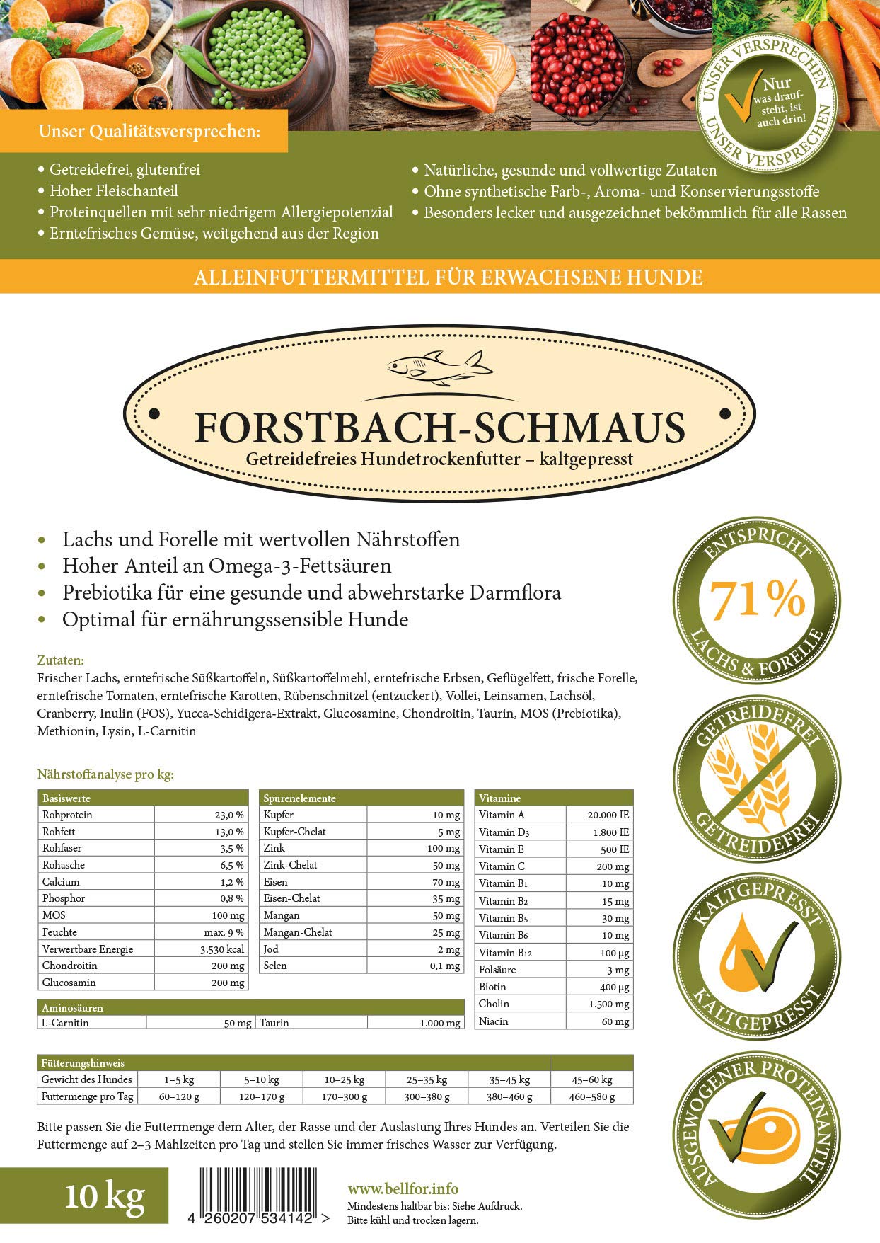 Bellfor Forstbach-Schmaus Kaltgepresstes Trockenfutter mit Lachs und Forelle Getreidefrei Reich an Natürlichen Vitaminen, Mineralien (Spurenelemente) und Antioxidantien (10 kg)