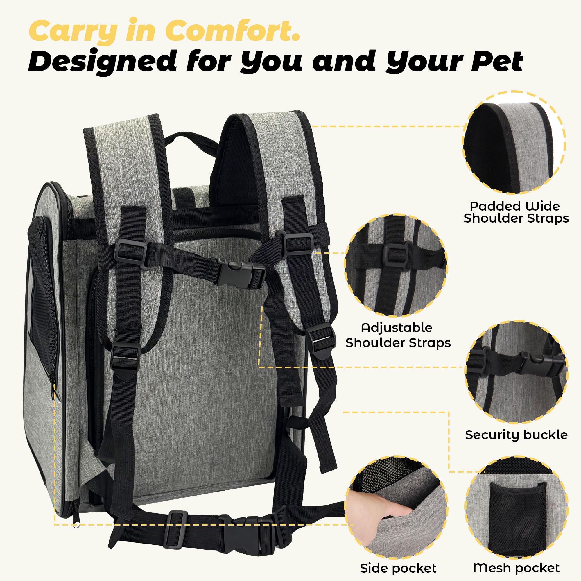 Zavothy Cat Backpack Carrier, Expandable Airline Approved Pet Backpack for Small Cats & Dogs, Breathable Mesh Cat Carrier Backpack with Padded Bottom, Foldable Travel Bag - Grey - image 4