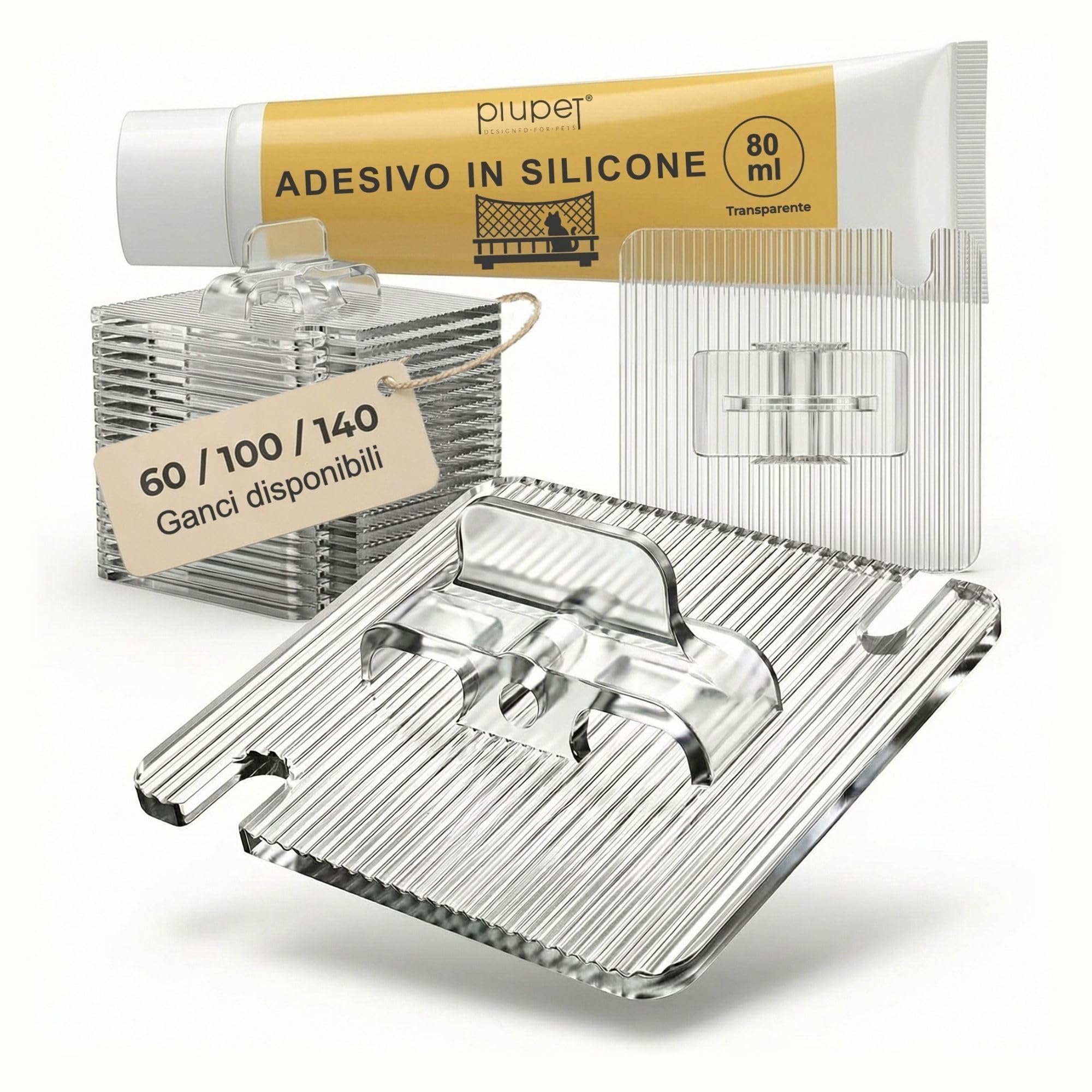 PiuPet® Ganci Adesivi per Rete per Gatti Senza forare | Fissaggio Rete Gatto per Balcone e Finestra | Ganci Trasparenti con Colla Silicone (60 Ganci + 80 ml di Colla)