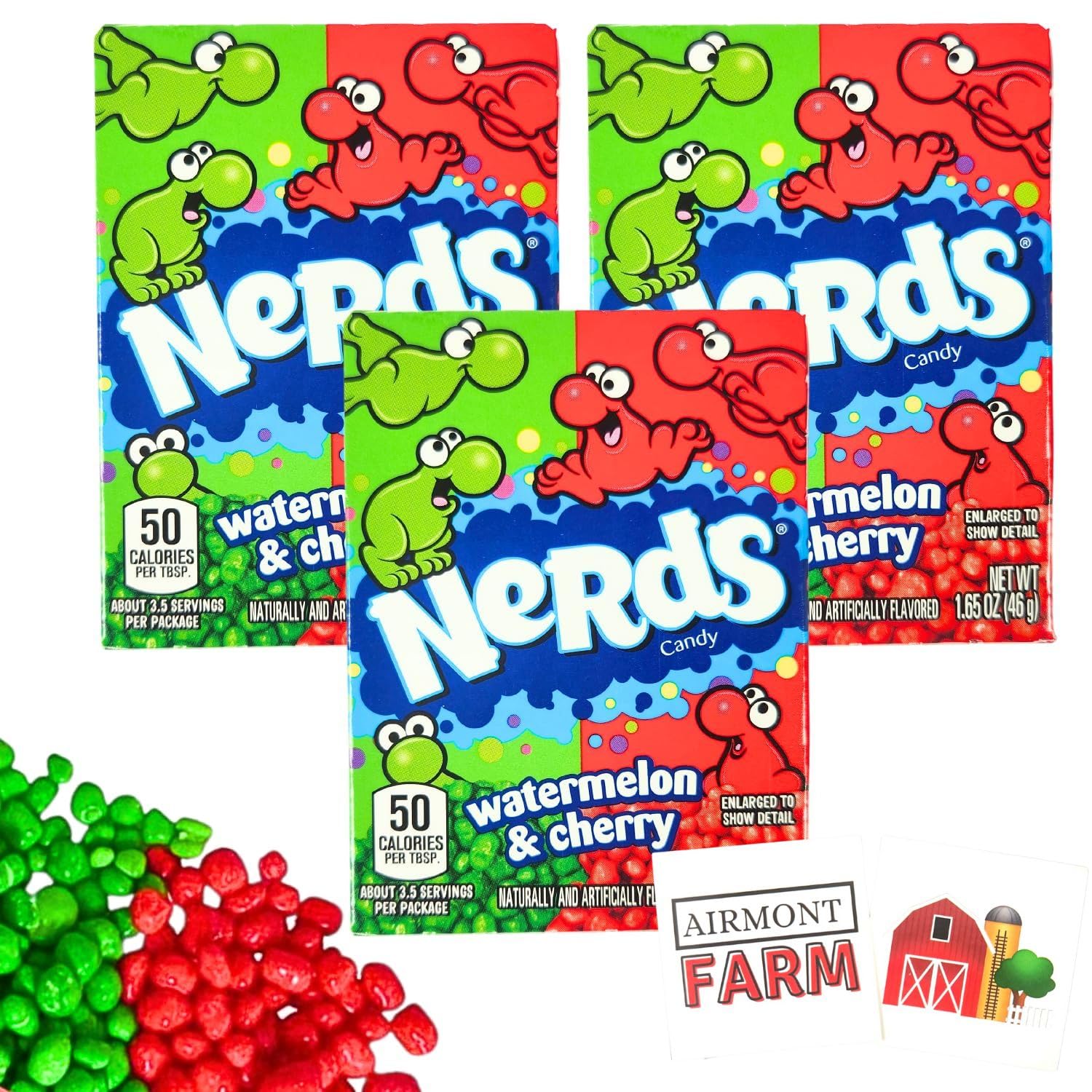 Airmont Farm Nerds Candy Watermelon and Cherry 1.65 oz (46g) Box (3 Pack) with 2 Stickers