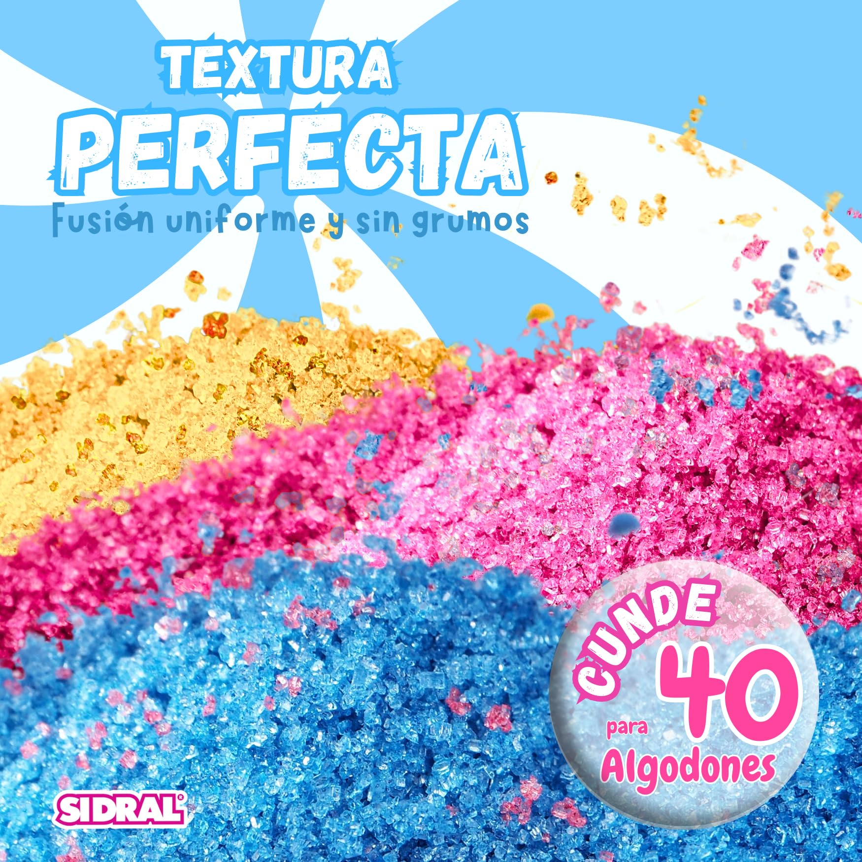 SIDRAL - Sucre Barbe à Papa pour machine - Arômes et Colorants Naturels - Lot de 3 x 250GR (Fraise - Framboise - Tropicale) poudre barbapapa + 50 Bâtonnets recyclables pour dégustation