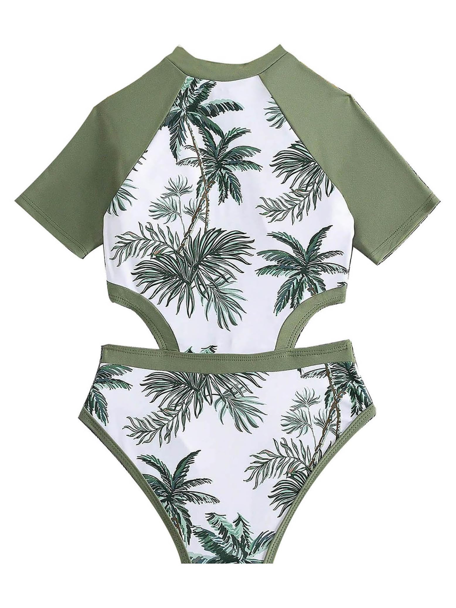 Eandarui Kids Girls One Piece Short Sleeve Coconut Tree Print Bikini Cutout Zipper Swimsuit Beach Bathing Suit Green 10-11 Years