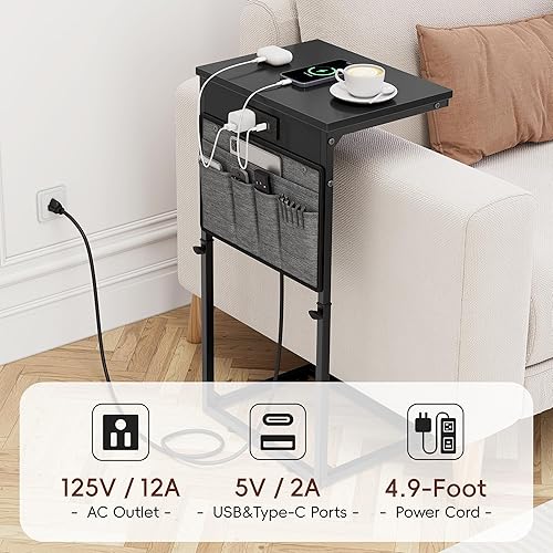 Miniatura 7 de Vagusicc Juego de 2 mesas auxiliares en forma de C con estación de carga, mesa auxiliar pequeña para sofá, mesa auxiliar de sofá de altura