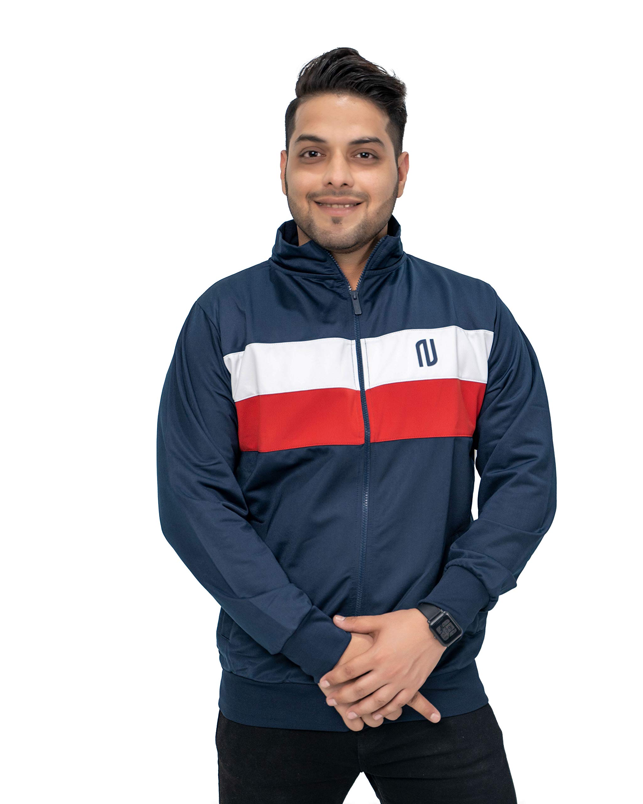 NOROZE Men's 2 Stripe Contrast Colour Block Long Sleeve Full Zip Lightweight Sport Poly Track Jacket Sweat Top (M, Navy)
