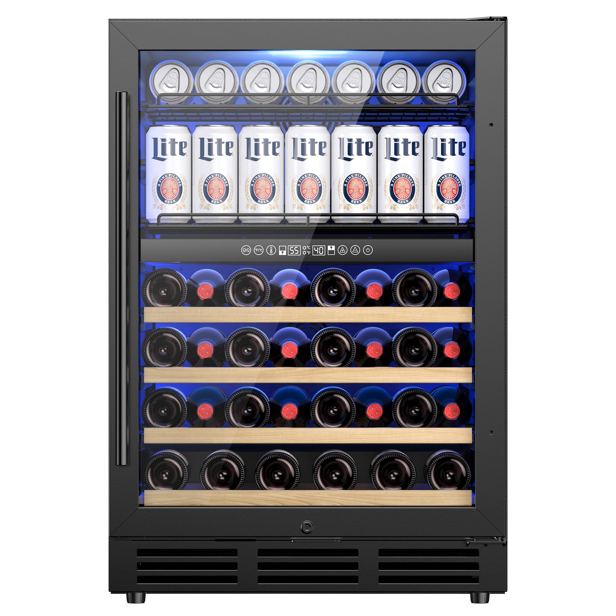 24 Inch Dual Zone Wine Fridge and Beverage Refrigerator, 63 Cans & 30 Bottles, Built-in Freestanding Under Counter Wine Cooler, UV Glass Door, Quiet Cooling, Lock, for Home Bar Office, Black