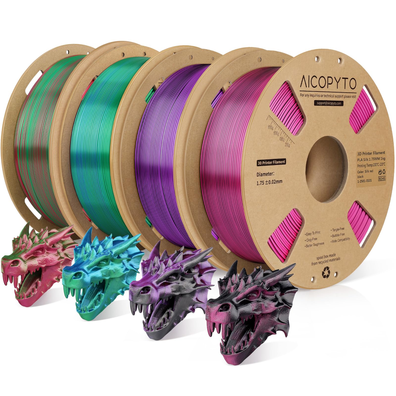 Silk PLA 3D Printer Filament 1.75mm, 4KG Shiny Dual Color Bundle | Shiny Metallic Smooth Neatly Wound High Precision Clog-Free No Tangles Better Flow Moistureproof for Most FDM 3D Printers