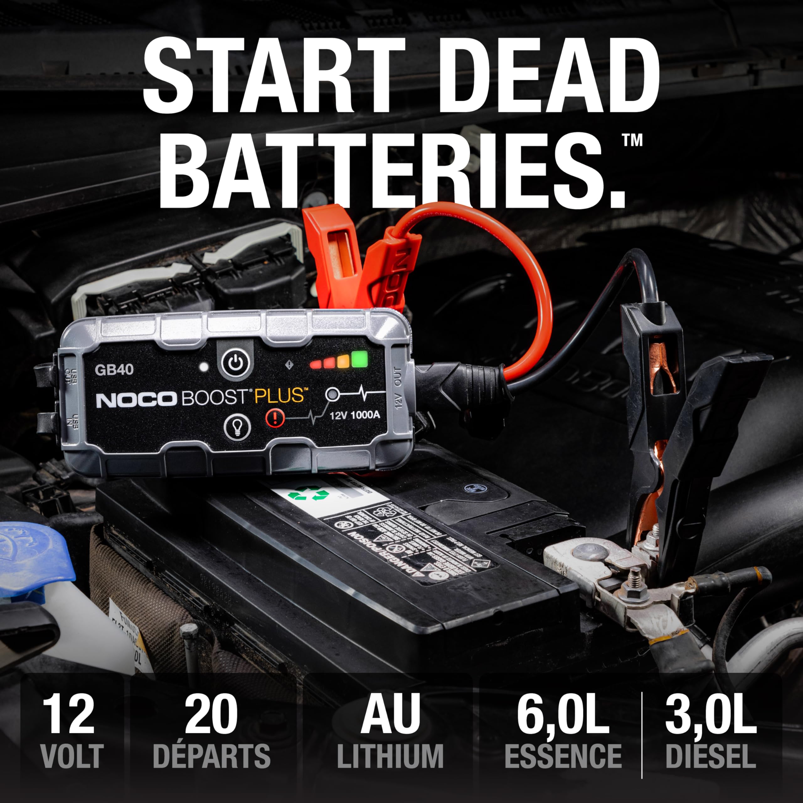 NOCO Boost GB40: Booster Batterie UltraSafe 1000A – Démarreur Lithium 12V Portable avec Powerbank et Chargeur USB – pour Moteurs Essence 6,0L et Diesel 3,0L