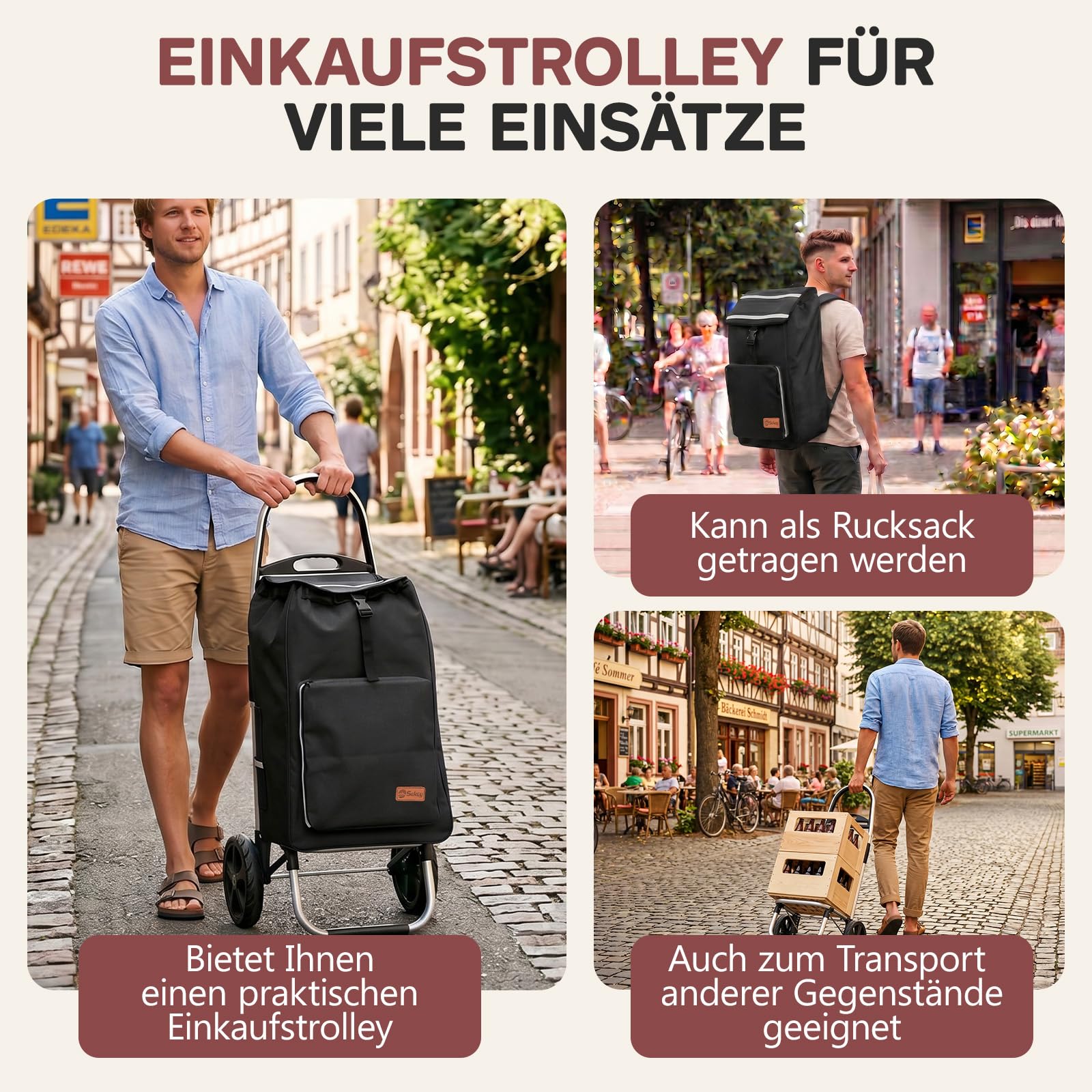 Sekey Einkaufstrolley klappbar, 3-in-1 Einkaufswagen (Trolley, Sackkarre & Rucksack), mit leichtem Aluminiumrahmen, vielseitig für Einkauf, Alltag & Reisen, stabil & platzsparend