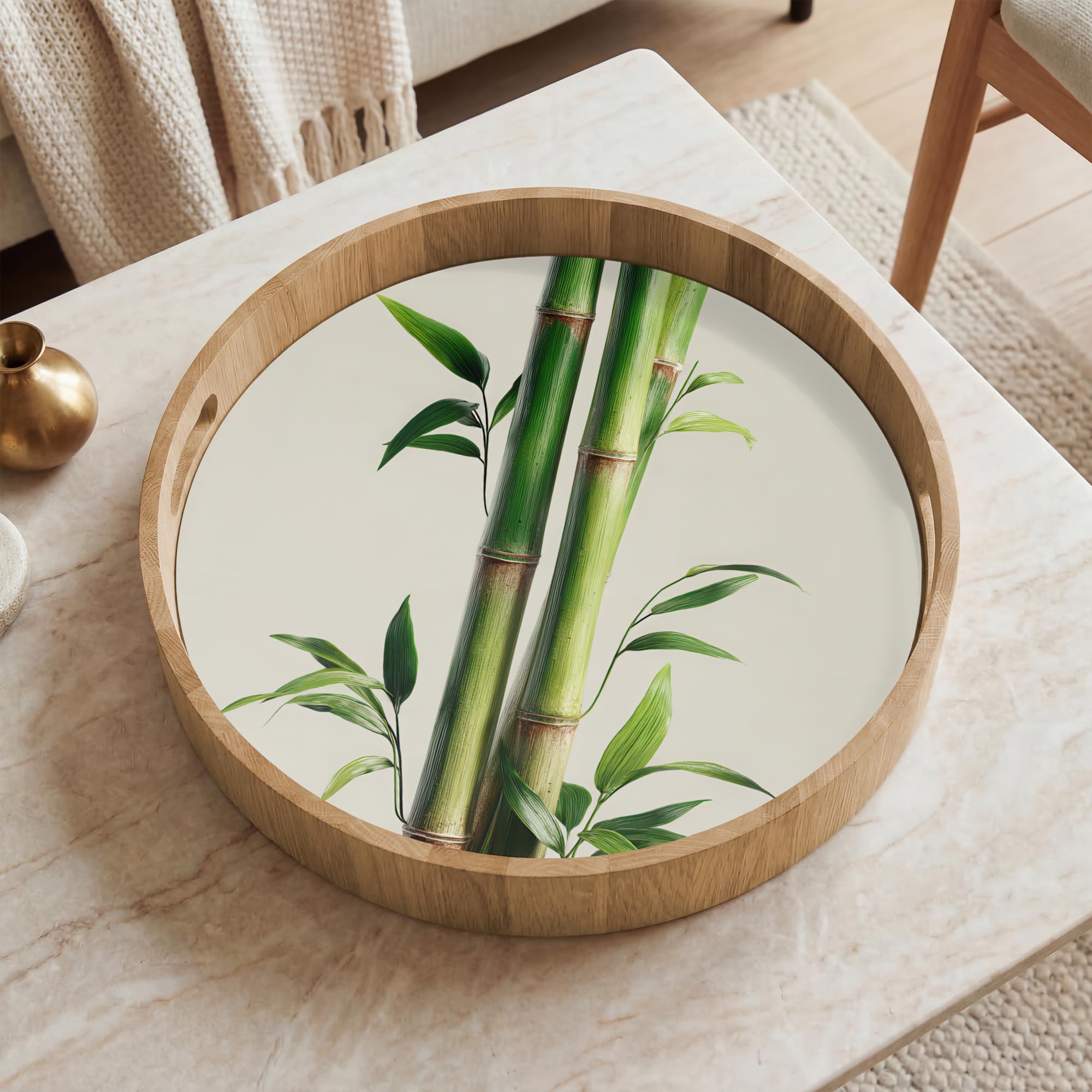 Bandeja Madera De Roble Redonda 40x40 cm Bandejas Desayuno para Servir Comida Cocina Resistente Al Calor Cafe Tray Tabuleiro Tallos bambú - Ornamental - Verde