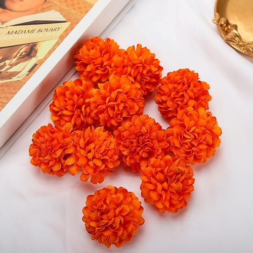 Miniatura 5 de Cabezas de flores de caléndula a granel, 50 cabezas de flores artificiales para guirnaldas y manualidades, flores falsas de caléndula de seda para