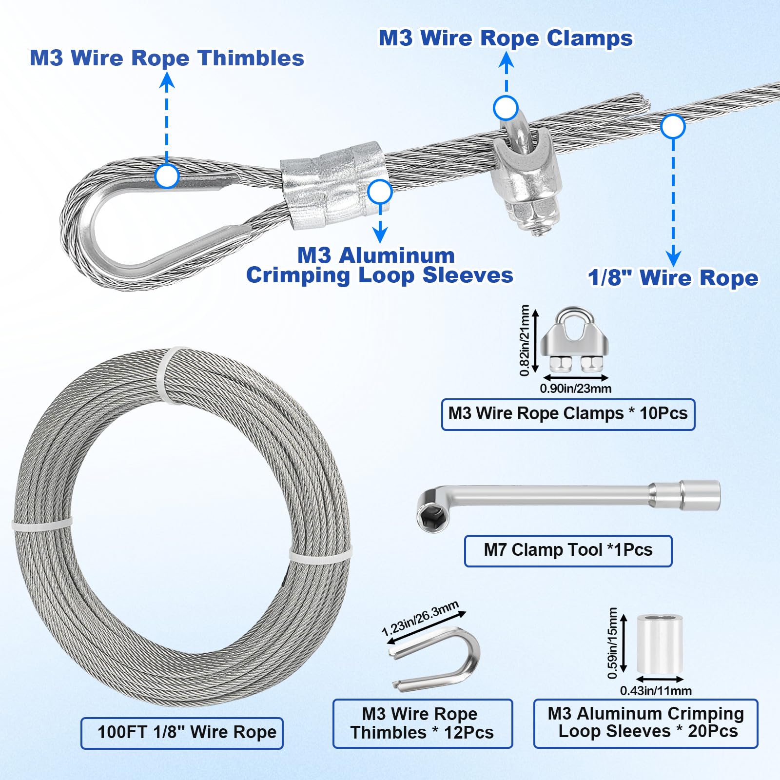 TooTaci 1/8 Stainless Steel Cable, 100ft Wire Rope, 7×7 Strands Aircraft Cable with Loops Sleeves, Cable Clamps, Thimbles, 304 Stainless Steel Wire Kit for Lights Hanging, Cable Railing, Curtain Wire