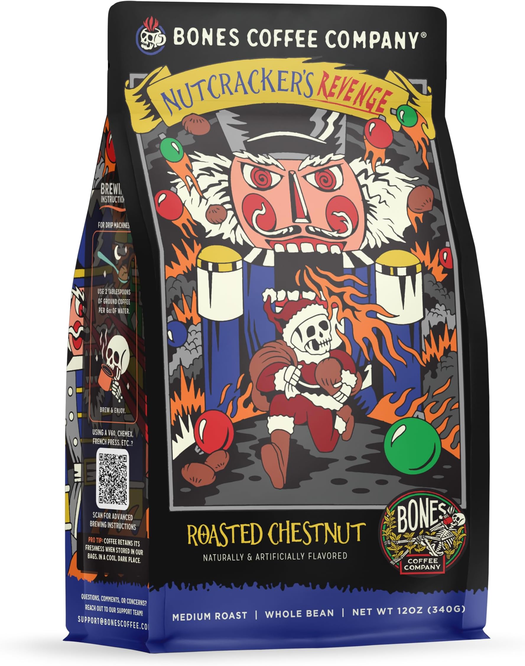 Bones Coffee Company Nutcracker's Revenge, Roasted Chestnut Flavored Coffee, Medium Roast Low Acid Arabica Beans Compatible with Auto drip and French Press Coffee Maker, 12 Oz Whole Bean