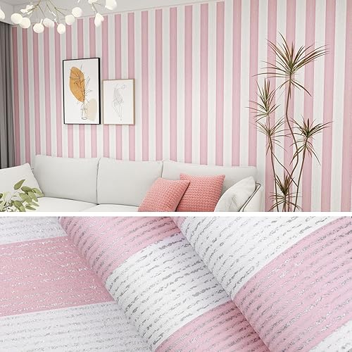 Pink Stripe Peel and Stick Wallpaper 15.7" x 118" Pink and White Self-Adhesive Wallpaper Removable Waterproof Contact Paper for Cabinets,Bedroom,Nursery,Accent Wall
