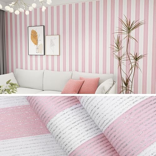 Biyoee Pink Stripe Peel and Stick Wallpaper 15.7" x 118" Pink and White Self-Adhesive Wallpaper Removable Waterproof Contact Paper for Cabinets,Bedroom,Nursery,Accent Wall