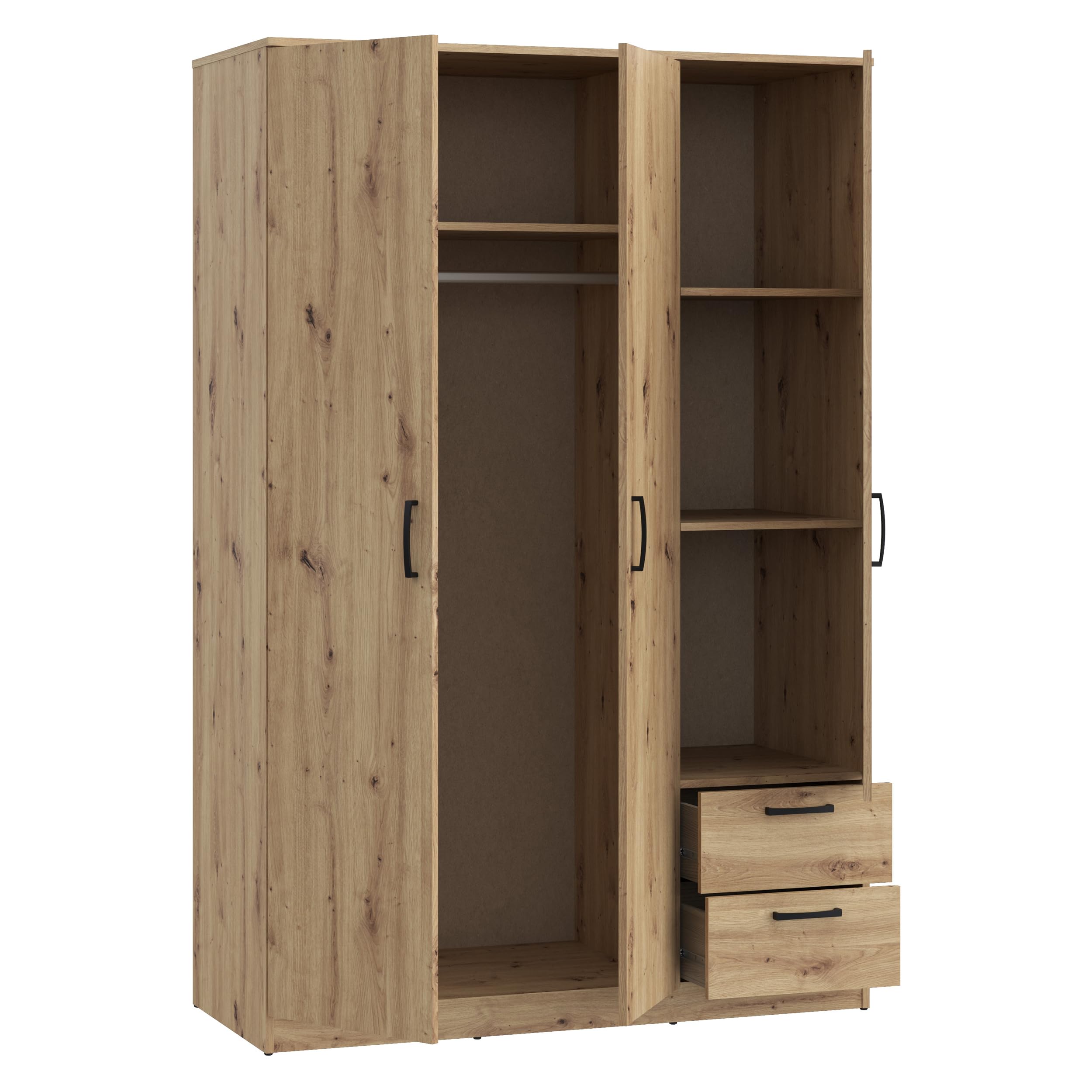 FORTE NIKO Kleiderschrank 122, Schrank im Scandi-Stil mit 3 Türen und 2 Schubladen, Holzwerkstoff, Artisan Eiche Dekor, 122 cm breit, 185 cm hoch, 52,7 cm tief