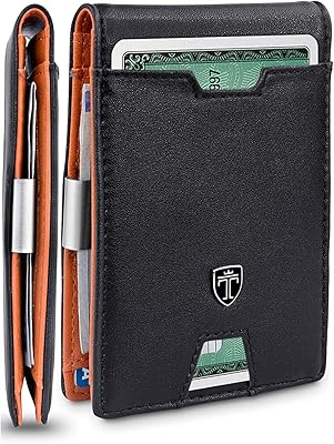 TRAVANDO メンズ スリム財布 マネークリップ付き AUSTIN RFIDブロック 二つ折り クレジットカードホルダー 男性用 ギフトボックス付き, ブラック&オレンジ