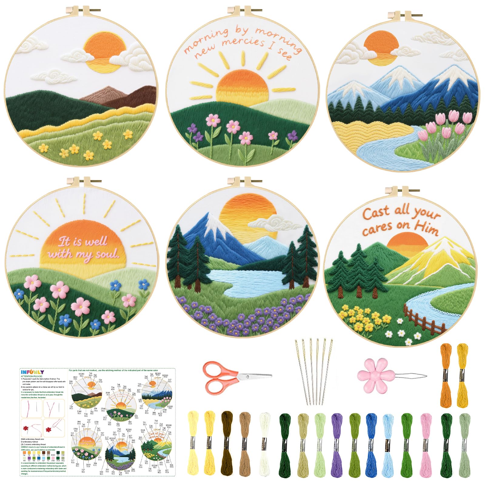 INFUNLY 6 Sets Landscape Embroidery Kit for Beginner Sun Scenery Embroidery Starter Kit 11.8x11.8 A Better Life Hand Stitching Needlework Set with Step-by-Step Instruction for Home Decor