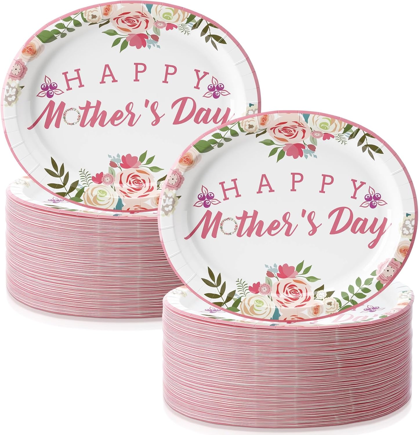 Jenaai 100 Pcs Mothers Day Oval Paper Plates Mothers Day Party Decorations 12.6" x 10.6" Happy Mother's Paper Plates Heavy Duty Plate Floral Disposable Tableware Set for Mother's Party Supplies