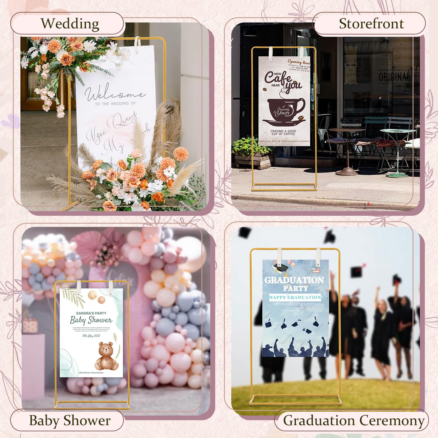 Soporte ajustable para letreros de boda, soporte ajustable para letreros de boda con 2 correas de cuero para colgar, soporte de tabla de asientos de boda para fiesta, baby shower, ceremonia