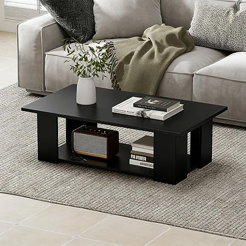 Miniatura 9 de Giantex Mesa central rectangular de madera, 41 pulgadas de largo, mesa de té pequeña y moderna de 2 niveles con compartimento abierto, fácil Blanco