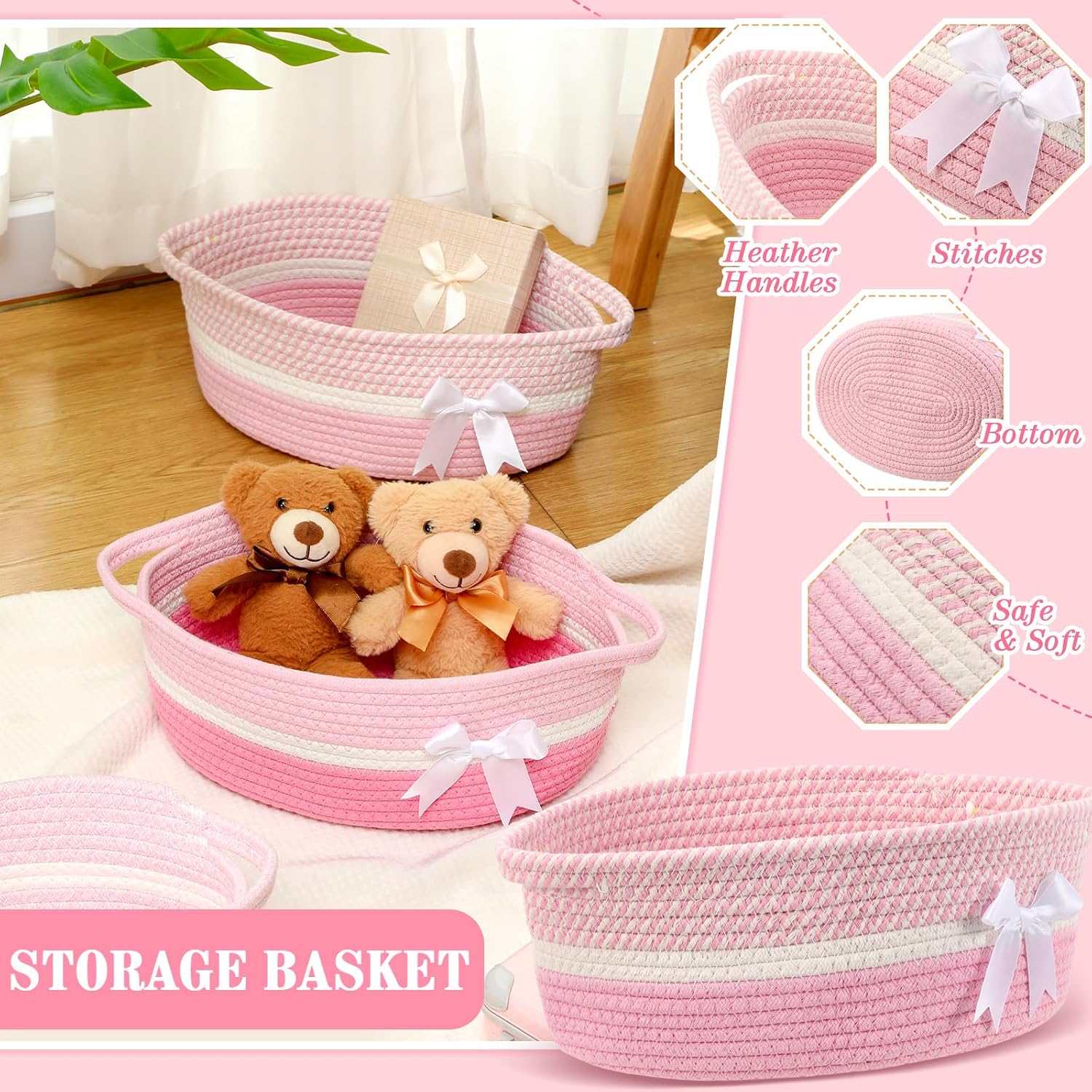 Colingmill 3 Pack Graduation Small Bow Woven Basket Empty with Handles Gift Bags and Ribbon 12" x 8" x 5" Gift Baskets to Fill Storage Box Pet Toy Wedding Presents(Pink)