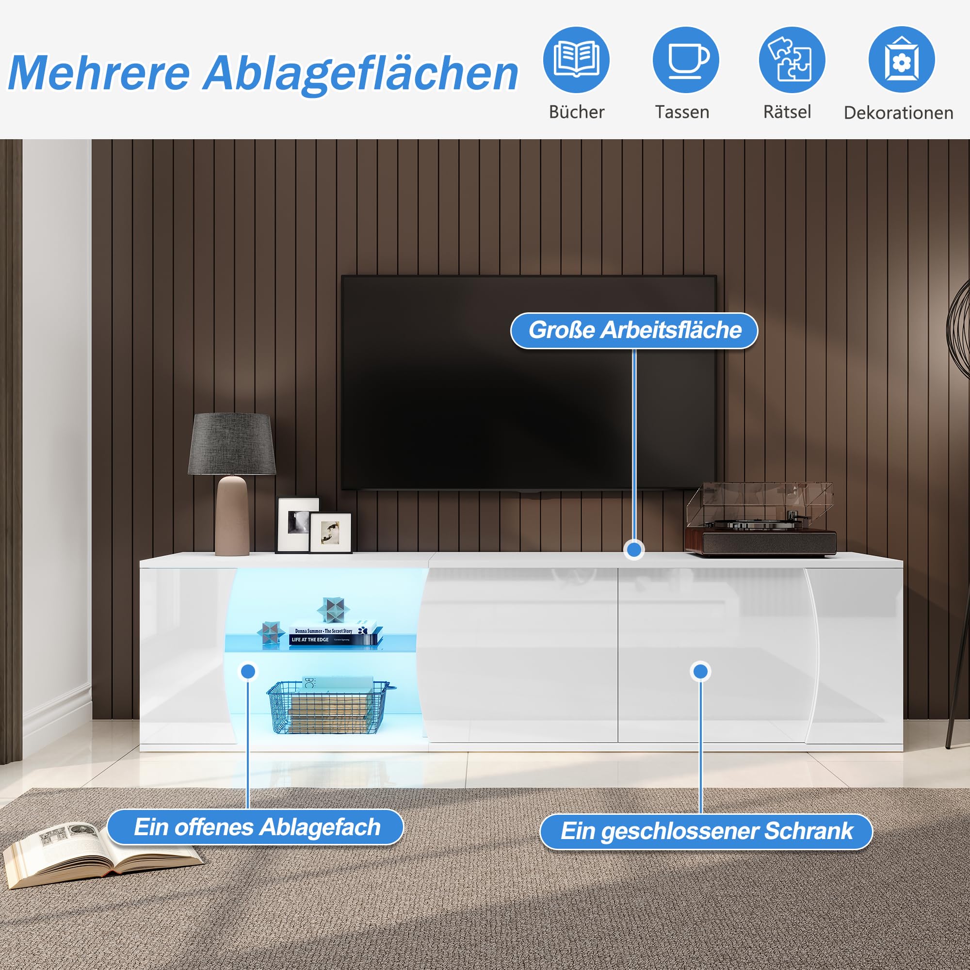 Mobile per TV, lunghezza 180 cm, con 3 ante per TV da 80 pollici, grande capienza, pannello TV basso in truciolato, per soggiorno, mobili, tavolo, credenza, bianco