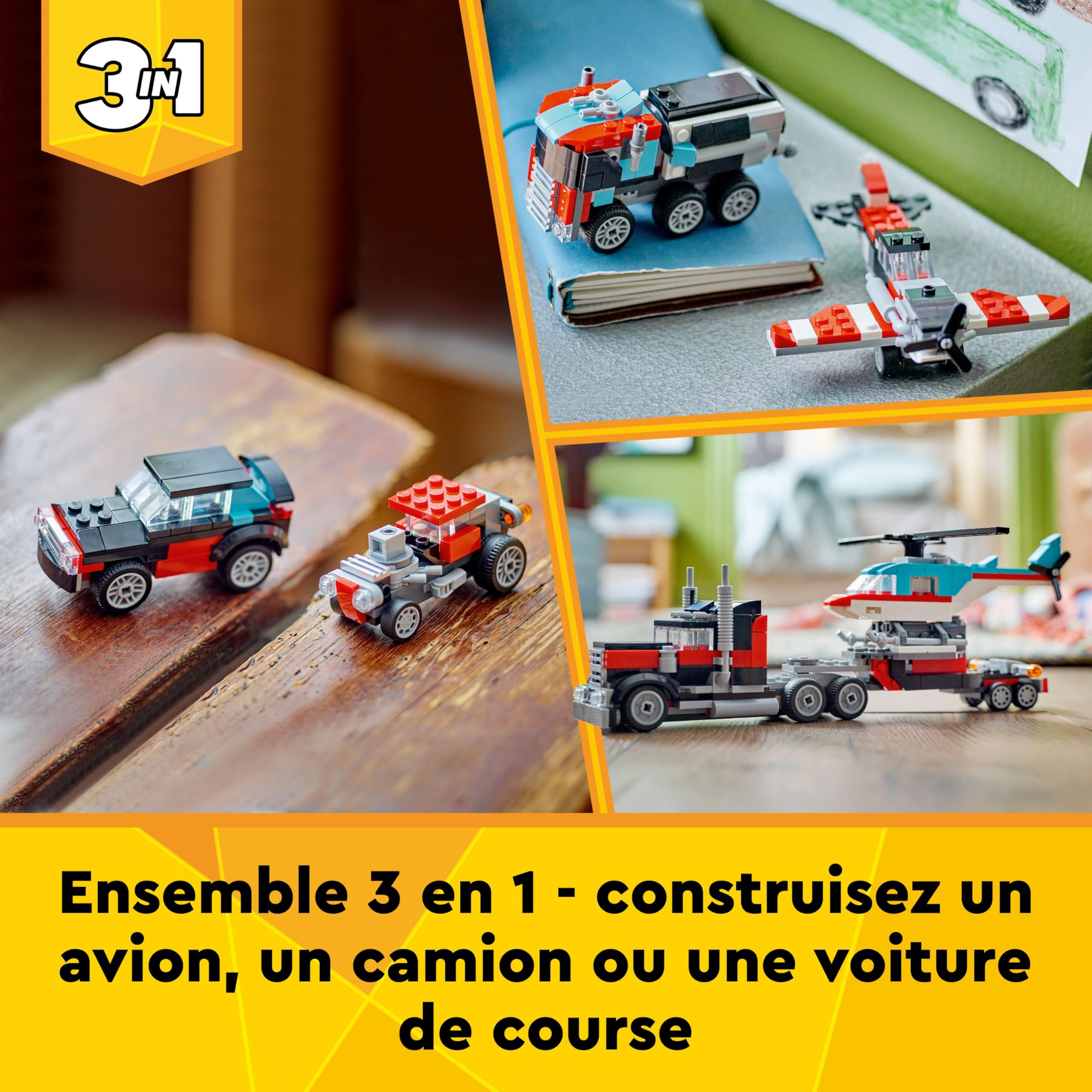 LEGO Creator 3in1 Flatbed Truck with Helicopter Toy to Propeller Plane and Fuel Lorry to Hot Rod and SUV Car Toys for 7 Plus Year Old Boys, Girls and Kids Who Love Cool Vehicles, Gift Idea 31146