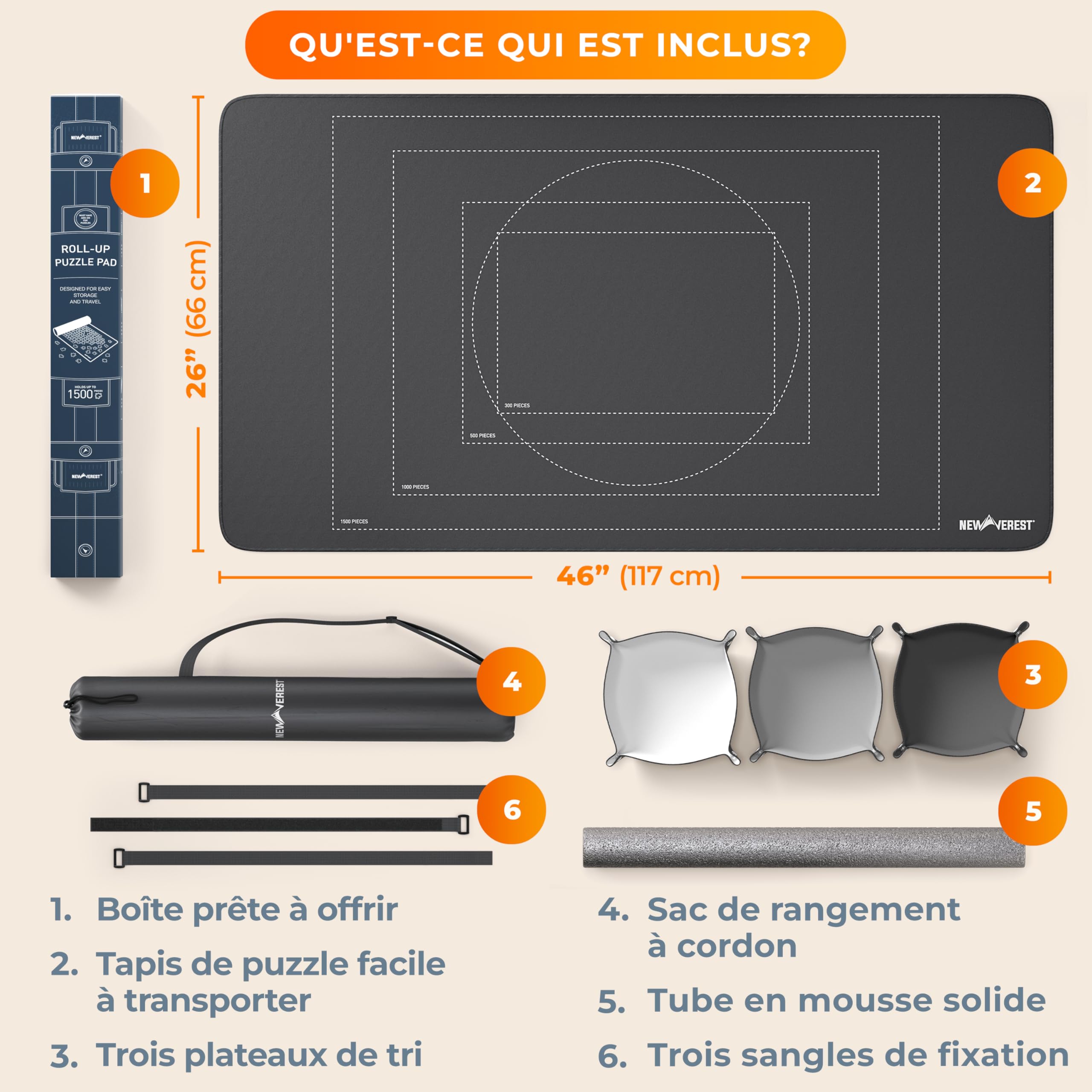 Newverest Tapis de Puzzle Enroulable Original 117 x 66 cm – Jusqu’à 1500 Pièces | Tapis antidérapant avec Surface Lisse + 3 Plateaux de tri & Sac de Rangement Portable Voyage