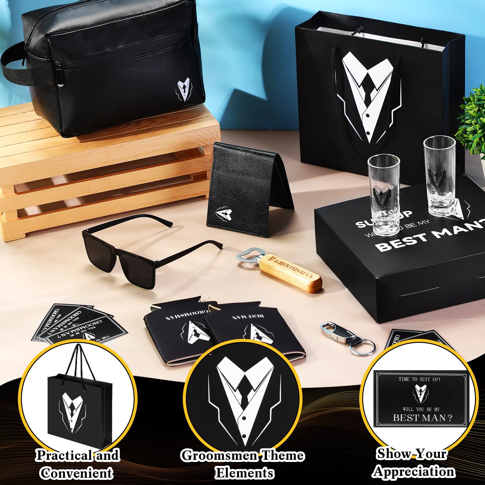 Roshtia 60 Pcs Groomsmen Proposal Gifts Set, Including 6 Toiletry Bags 6 Sunglasses 6 Cups 6 Can Sleeves 6 Beer Openers 6 Wallets 6 Keychains 6 Postcards 6 Gift Boxes 6 Gift Bags for Wedding Party