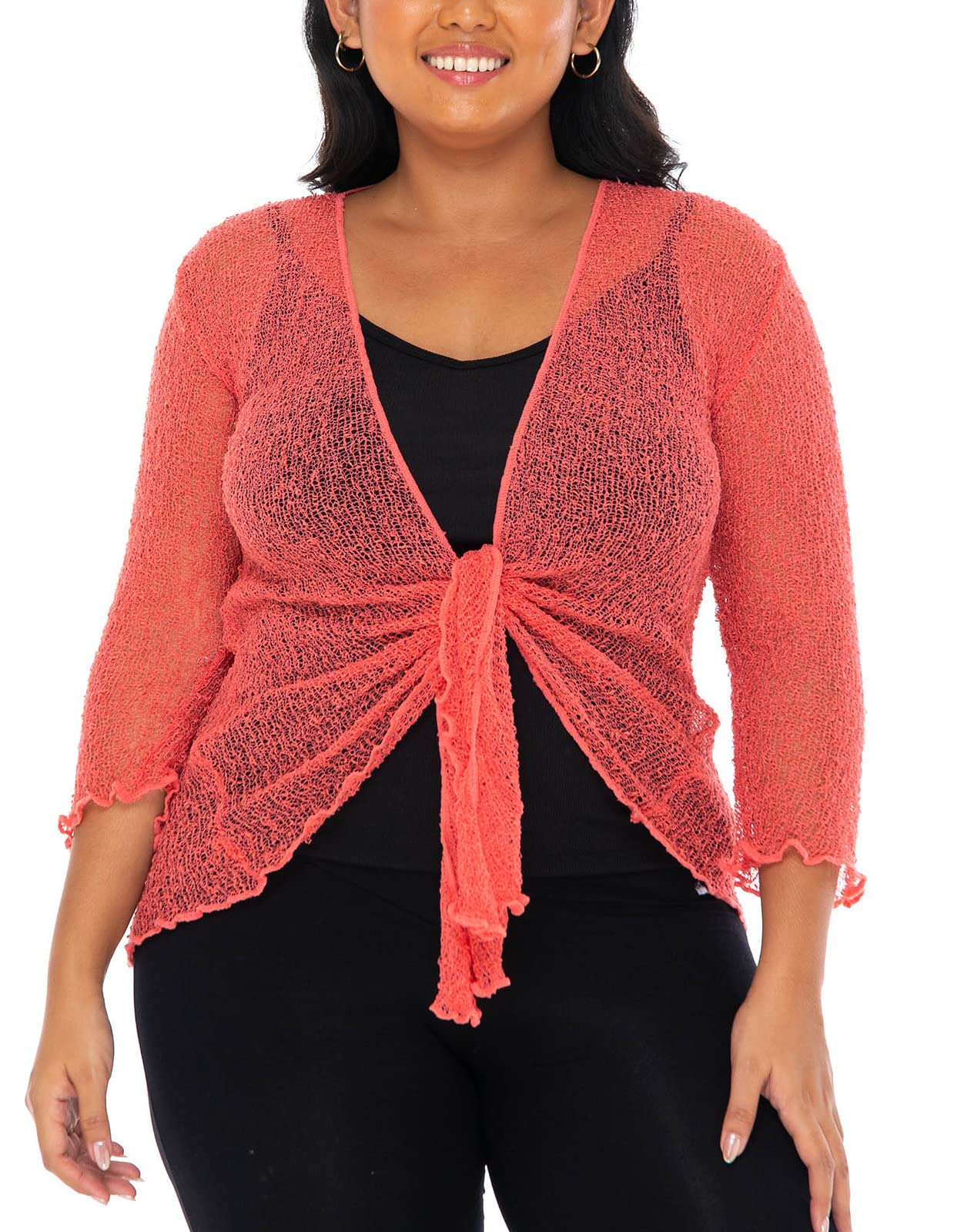 SHU-SHI Plus Size Sheer Shrug Summer Sweaters for Women Lightweight Cardigan Bolero Tie Top Open Front Knit