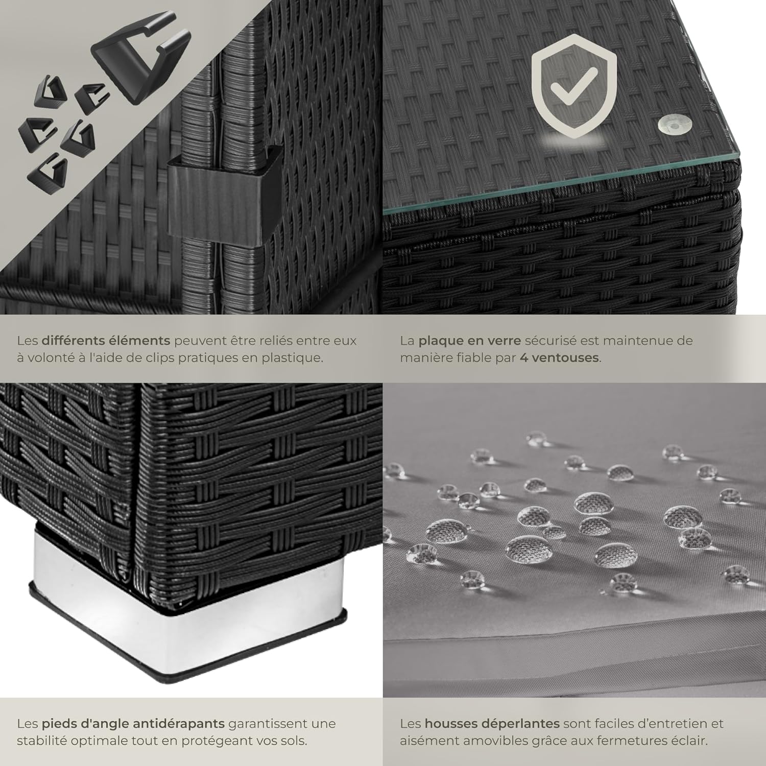 Close-up showing plastic clips for connecting modular furniture sections, anti-slip feet, and water droplets on water-repellent fabric.