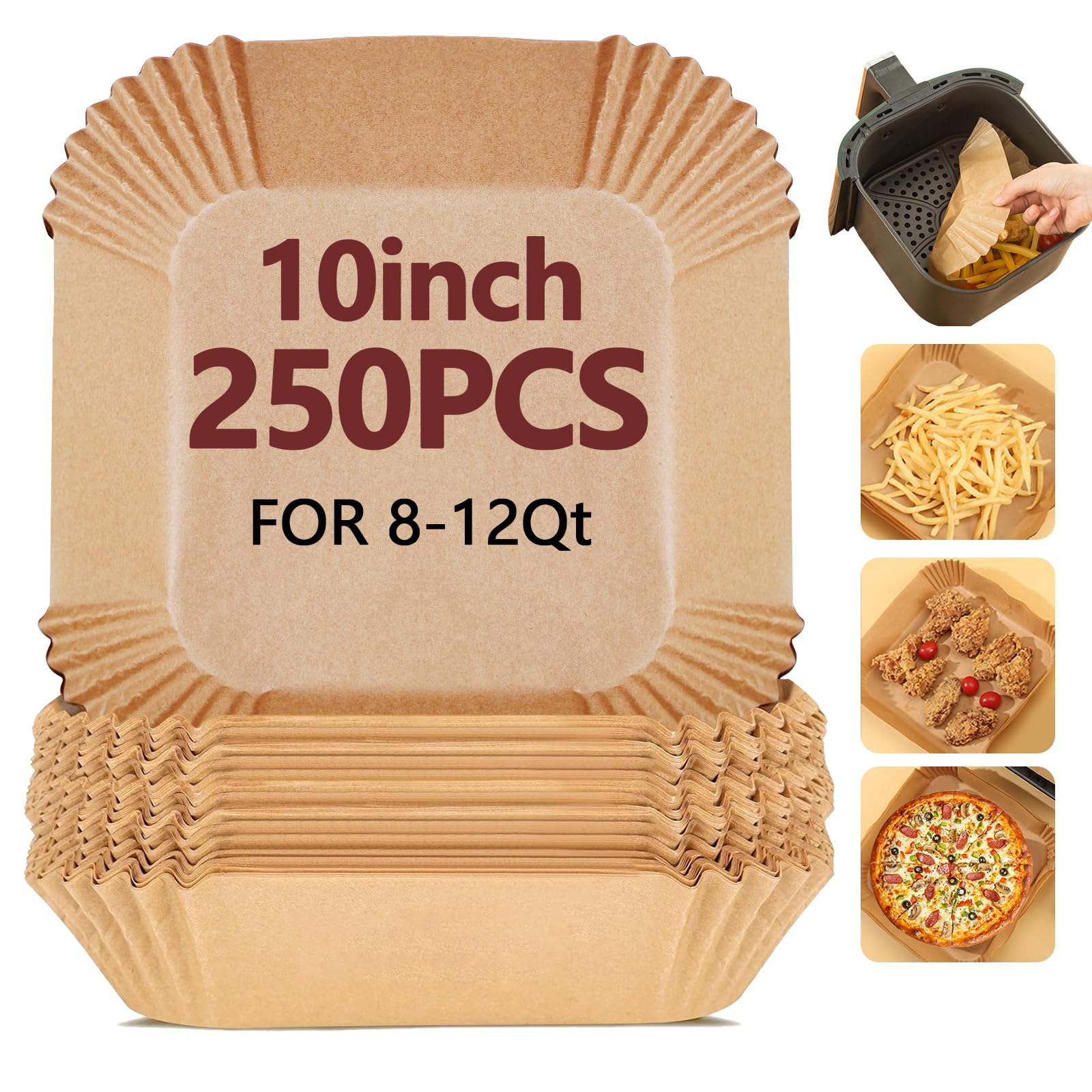 10 Inch Air Fryer Liners Disposable-250PCS Square Parchment Paper Liners,Heat Resistant &amp; Non-Stick,Unbleached Liners for Air Fryer,Oven,Roasting,Baking,Microwave（Bottom is 8 Inch）