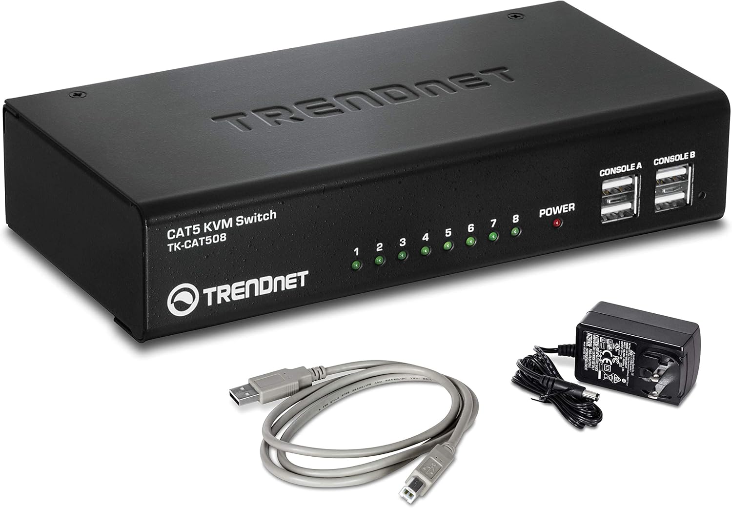 TRENDnet 8-Port CAT5 KVM Switch, CAT5 Cables up to 30m, USB, PS/2, Hot-Keys, VGA, Dual Console, TK-CAT508