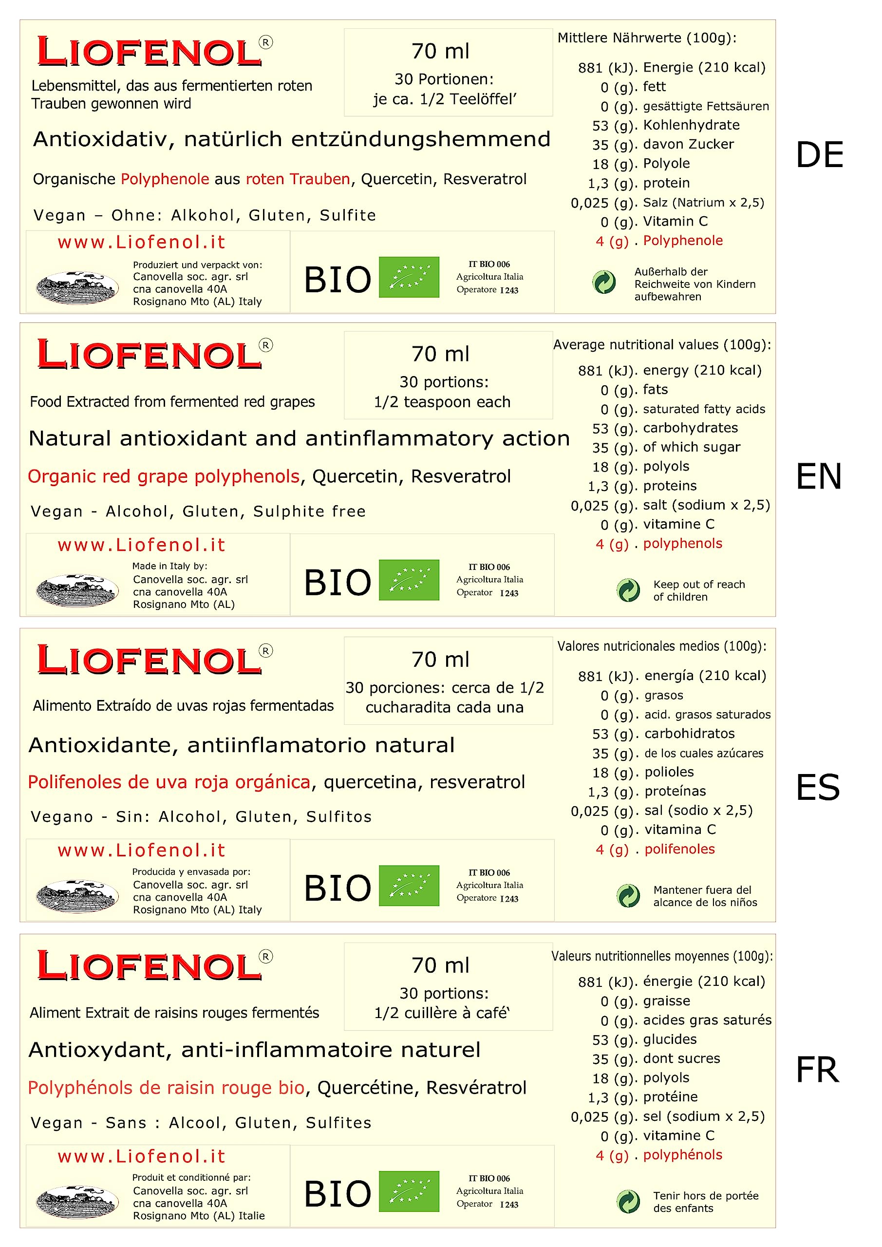 Liofenol 70 ml - Antiossidante ed antinfiammatorio naturale - polifenoli, resveratrolo, quercetina - Estratto liofilizzato da uva rossa biologica fermentata