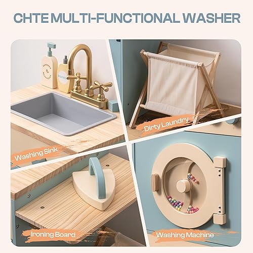 Miniatura 4 de ROBOTIME - Juego de lavadora de cocina de juguete, de madera, con cesta de ropa, plancha y lavamanos, cocina de juguete para niños mayores de 3