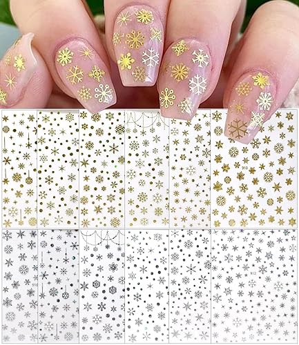 Miniatura 7 de 12 hojas de calcomanías de Navidad con copos de nieve suministros de uñas dorados calcomanías de uñas de copo de nieve copos de nieve metálicos