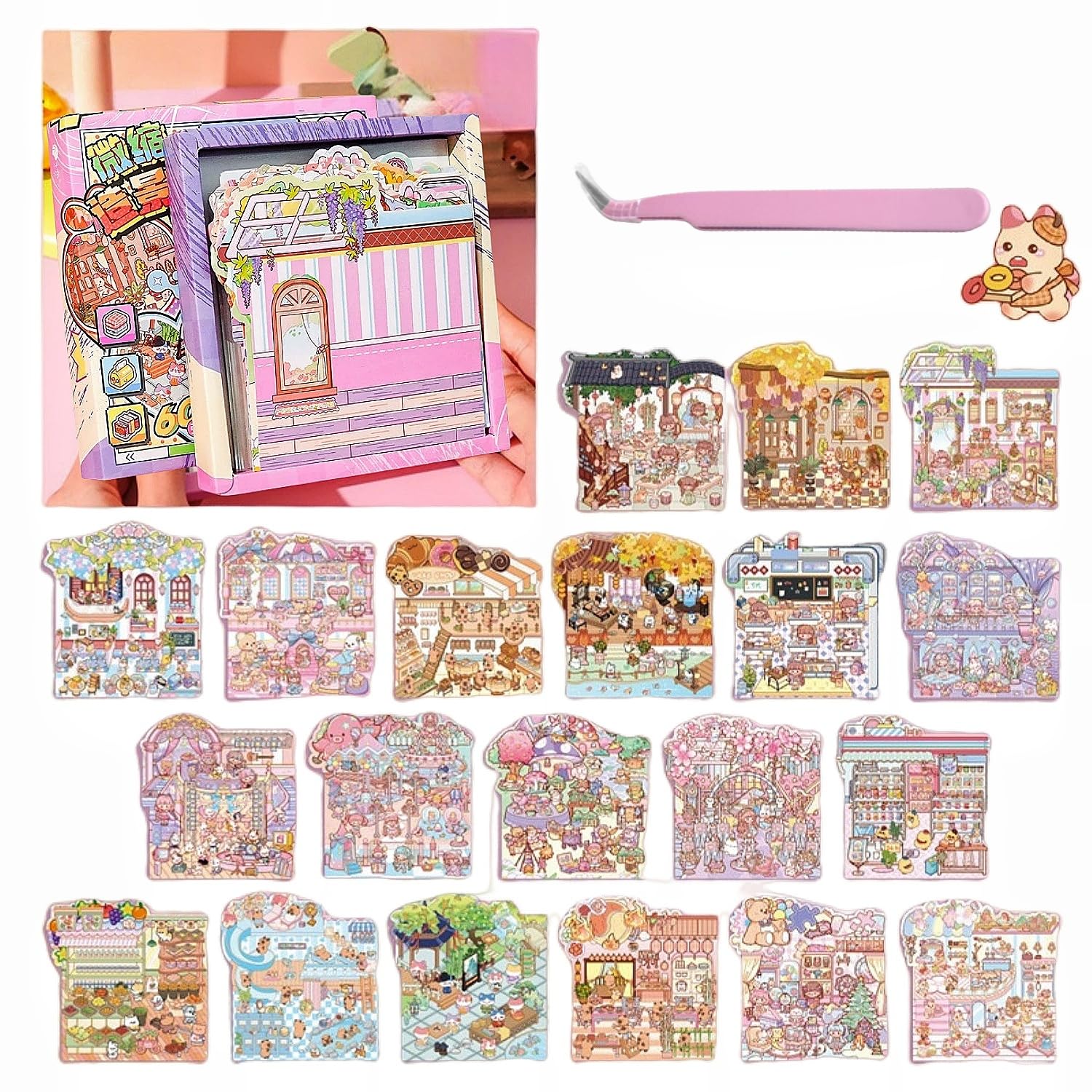 20 Sets 3D DIY House Stickers with Tweezer,Cute Cartoon DIY 3D Sticker Scenes Therapy for Adults Kids Relief Stress Pass The Time,Make Your Own Mini Shop Ticket Office Eedding Scene